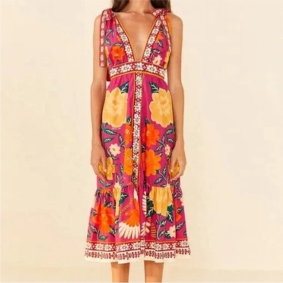 Farm Rio floral button down midi dress with bows on shoulders - Picture 1 of 8